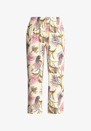 Lichtgewicht, roomkleurige broek met een bloemenprint in roze, paars en groen. Voorzien van een elastische tailleband en een ontspannen pasvorm.