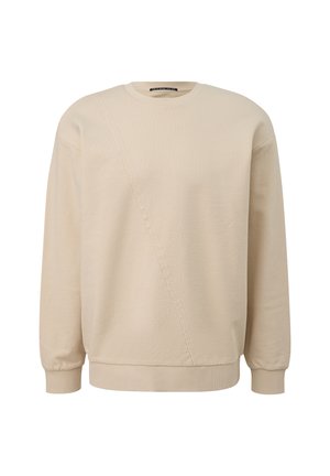 Beige Baumwoll-Sweatshirt mit diagonaler Nahtgestaltung, gerippten Bündchen und Rundhalsausschnitt. Weiche Textur und lockere Passform.