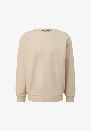 Beige Baumwoll-Sweatshirt mit diagonaler Nahtgestaltung, gerippten Bündchen und Rundhalsausschnitt. Weiche Textur und lockere Passform.