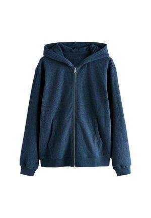 Navy blue zip-up hoodie with hood, front pockets, and ribbed cuffs and hem, displayed against a white background.