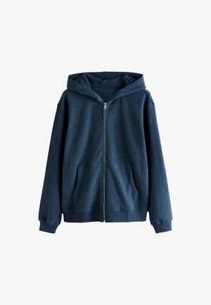 Marineblauer Zip-up-Hoodie mit Kapuze, Fronttaschen sowie gerippten Bündchen und Saum, präsentiert vor weißem Hintergrund.