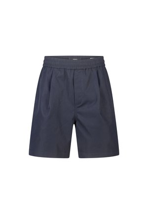 Marineblauwe shorts met een elastische tailleband en plooien aan de voorkant, plat weergegeven op een witte achtergrond.
