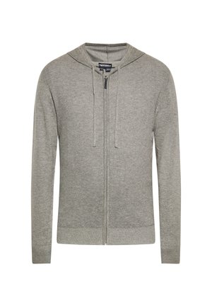 Hellgrauer gestrickter Kapuzenpullover mit Reißverschluss, langen Ärmeln und Kordeln an der Kapuze, auf weißem Hintergrund abgebildet.