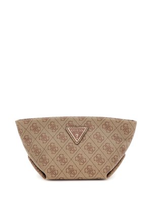 Brown patterned tote bag with a triangular logo tag. Made from textured material, it features a wide base and tapered top design.