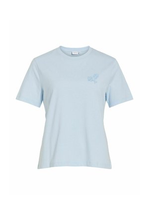 Light blue short-sleeve t-shirt with a small, subtle floral design on the upper left chest and a round neckline.
