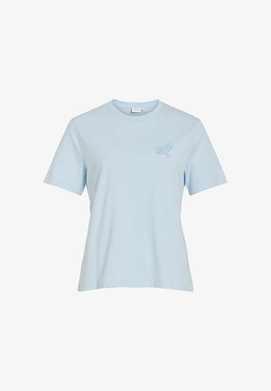 Light blue short-sleeve t-shirt with a small, subtle floral design on the upper left chest and a round neckline.