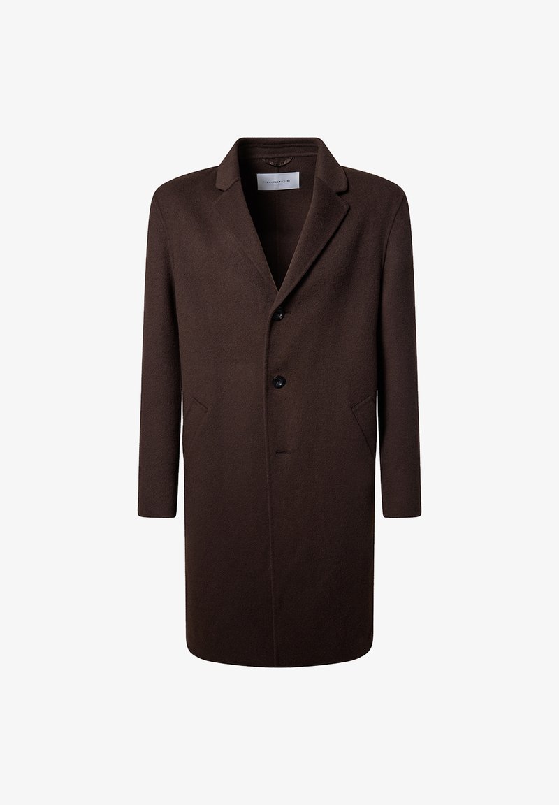 Brown wool coat with a notched collar, three button closure, and two side pockets. Features a straight cut and smooth texture.