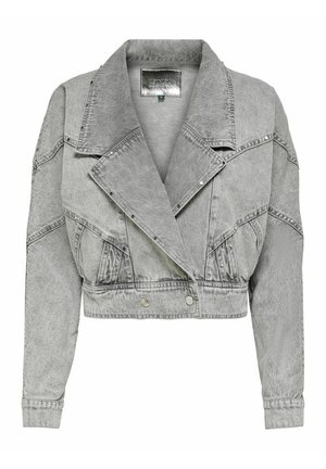 Veste en jean grise courte avec larges revers, détails de boutons-pression et manches longues avec surpiqûres.
