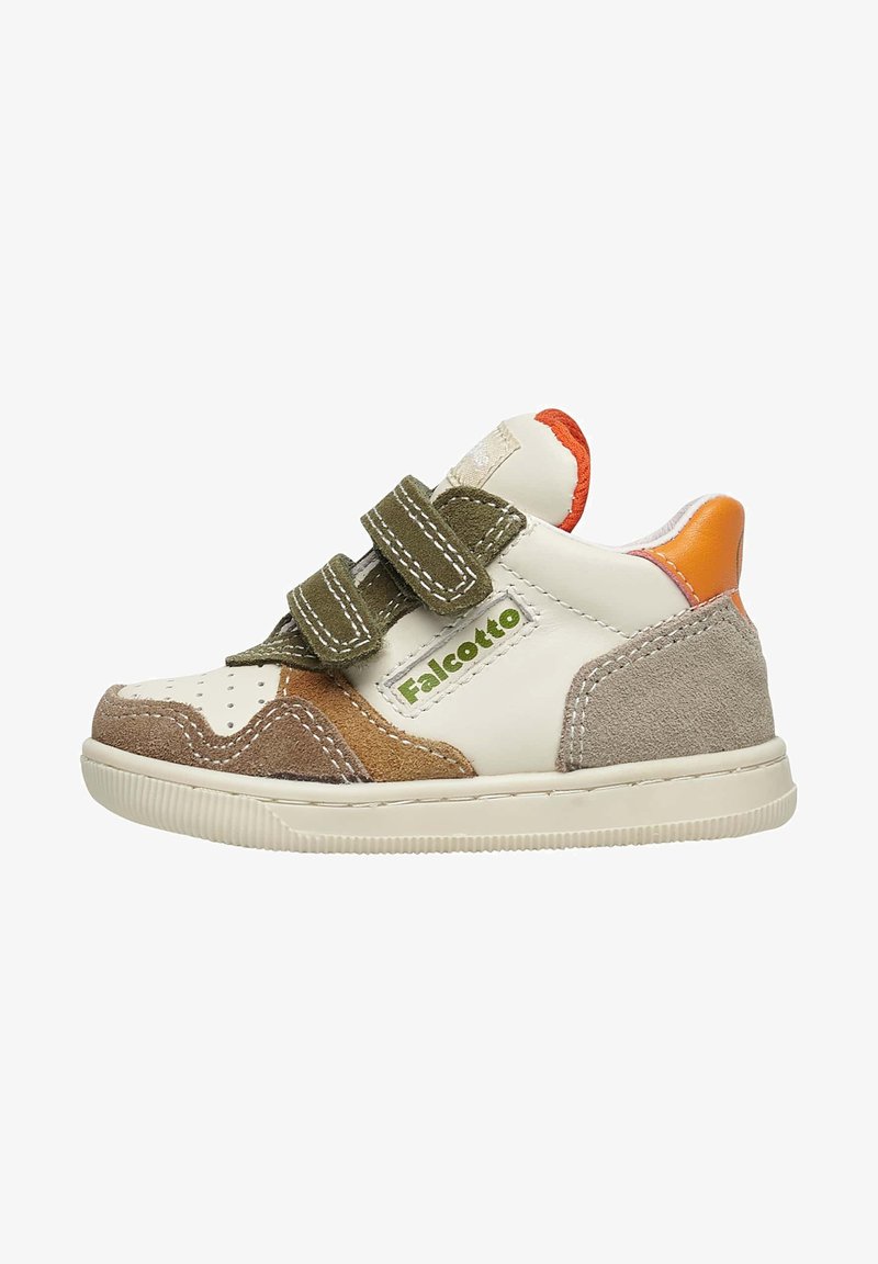 White leather shoes with green and orange accents, two adjustable Velcro straps, and a mix of suede textures in brown and gray.