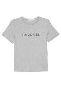 Grijze katoenen T-shirt met een ronde halslijn en korte mouwen, met "CALVIN KLEIN" in donkerblauw over de borst gedrukt.
