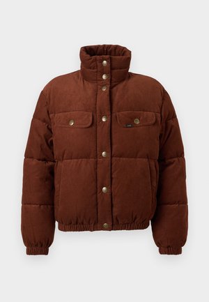 Brun kordfløyel pufferjakke med høy krage, trykknapper, to brystlommer og elastiske mansjetter for en tettsittende passform.