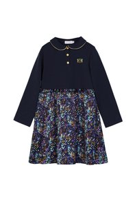 Abito lungo a maniche lunghe navy con colletto, bottoni dorati e gonna fantasia che presenta tonalità di blu, viola e oro. Design casual.