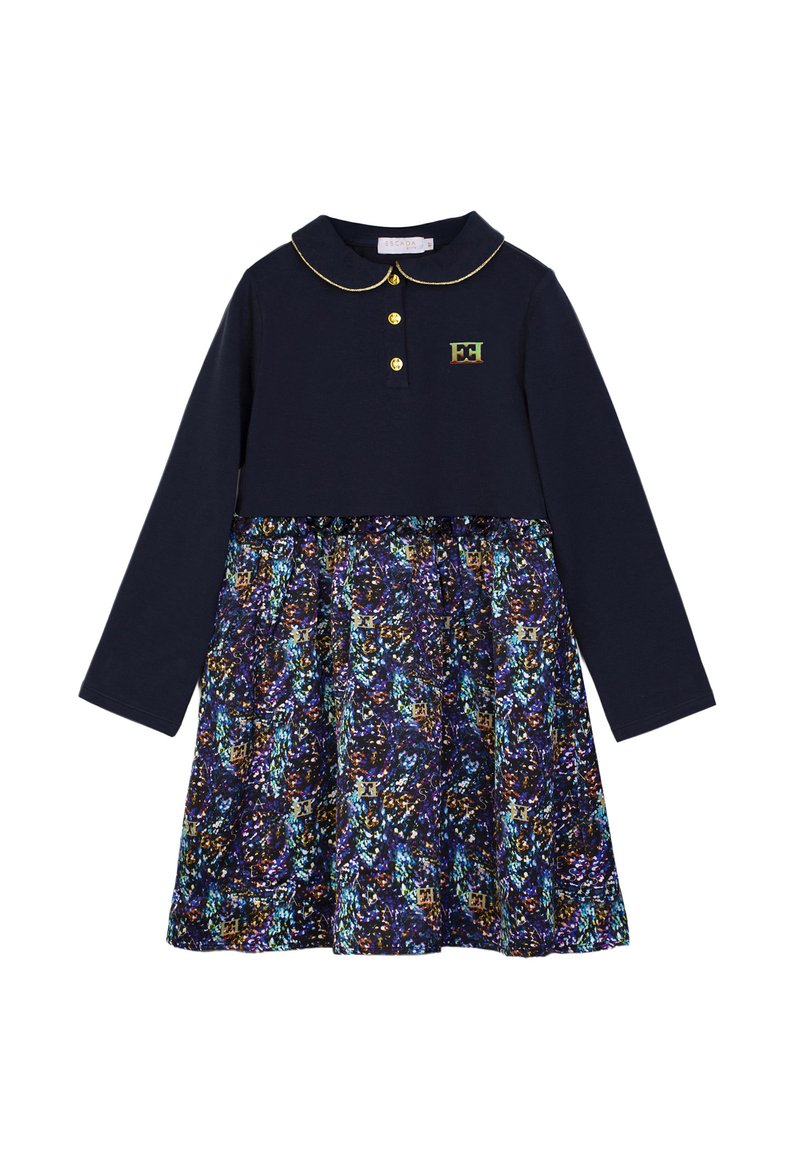 Abito lungo a maniche lunghe navy con colletto, bottoni dorati e gonna fantasia che presenta tonalità di blu, viola e oro. Design casual.