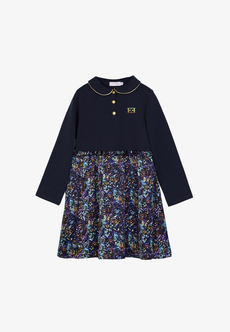 Abito lungo a maniche lunghe navy con colletto, bottoni dorati e gonna fantasia che presenta tonalità di blu, viola e oro. Design casual.
