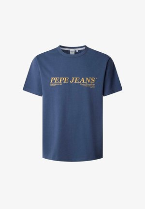 Camiseta de algodón azul marino con cuello redondo y mangas cortas. Presenta un estampado del logo "PEPE JEANS" en blanco y dorado en el frontal.