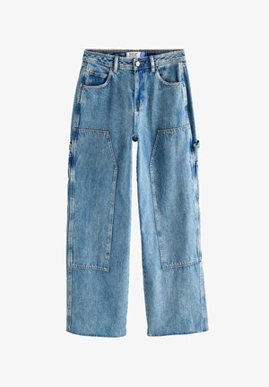 Lichtblauwe wijde jeans gemaakt van denim, met grote opgestikte zakken, een middelhoge taille en stikdetails.
