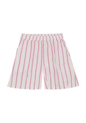 Gestreepte shorts met een witte basis en roze verticale strepen. Voorzien van een elastische tailleband en zijzakken. Zacht, lichtgewicht stof.