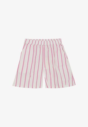 Striped shorts with a white base and pink vertical stripes. Features an elastic waistband and side pockets. Soft, lightweight fabric.