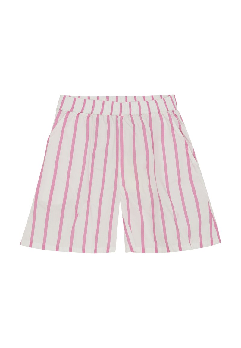 Randiga shorts med vit botten och rosa vertikala ränder. Har resårmidja och sidfickor. Mjuk, lättviktig tyg.