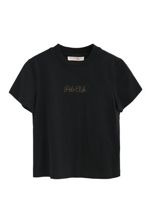 T-shirt nera in cotone con maniche corte e collo rotondo. Presenta il logo "Polo Club" ricamato in oro sul petto.