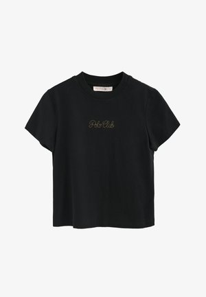 T-shirt nera in cotone con maniche corte e collo rotondo. Presenta il logo "Polo Club" ricamato in oro sul petto.