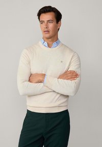 Beiger Pullover mit Rundhalsausschnitt, gerippten Bündchen und Saum. Mit kleinem besticktem Logo auf der Brust. Getragen über einem hellblauen Hemd.