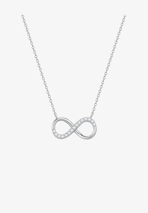 Sølv infinity halskæde med et snoet design prydet med klare ædelstene, hængende fra en delikat kæde.