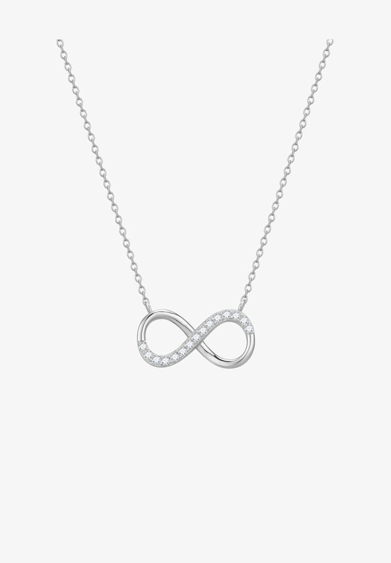 Sidabro begalybės kaklo vėrinys, kuriame yra suktas dizainas, puoštas skaidriais akmenimis, kabantis ant delikaus grandinėlės.