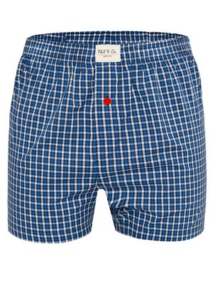 Blauw-wit geruite heren boxershorts met een rode knop, gemaakt van een zachte stof en voorzien van een elastische tailleband. Het label leest "Phil & Co, Berlijn."