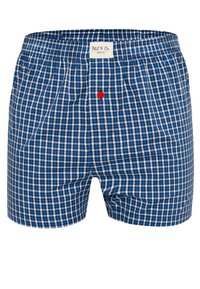 Modré a bílé kostkované pánské boxerky s červeným knoflíkem, vyrobené z jemné látky a s elastickým pasem. Štítek nese nápis "Phil & Co, Berlín."