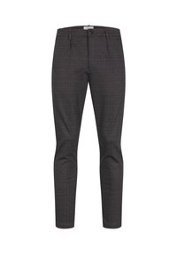 Grå ternede bukser lavet af vævet stof. Har fladt frontstykke, bæltestropper og enkelt foran knaplukning. Skræddersyet pasform.