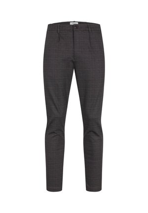 Pantalon à carreaux gris en tissu tissé. Comprend un devant plat, des passants pour ceinture et une fermeture à bouton unique à l'avant. Coupe ajustée.