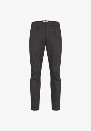 Pantalon à carreaux gris en tissu tissé. Comprend un devant plat, des passants pour ceinture et une fermeture à bouton unique à l'avant. Coupe ajustée.