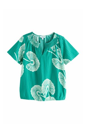 PETITE FIT - SHORT SLEEVE NOTCH NECK SHIRRED BUBBLEHEM - Blúz - green palm print