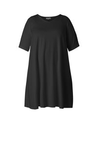 Zwarte jurk met korte mouwen, V-hals en een losse, flowy pasvorm. Gemaakt van gladde stof, met geen zichtbare patronen of bevestigingsmiddelen.