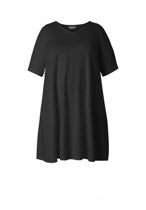 Zwarte jurk met korte mouwen, V-hals en een losse, flowy pasvorm. Gemaakt van gladde stof, met geen zichtbare patronen of bevestigingsmiddelen.
