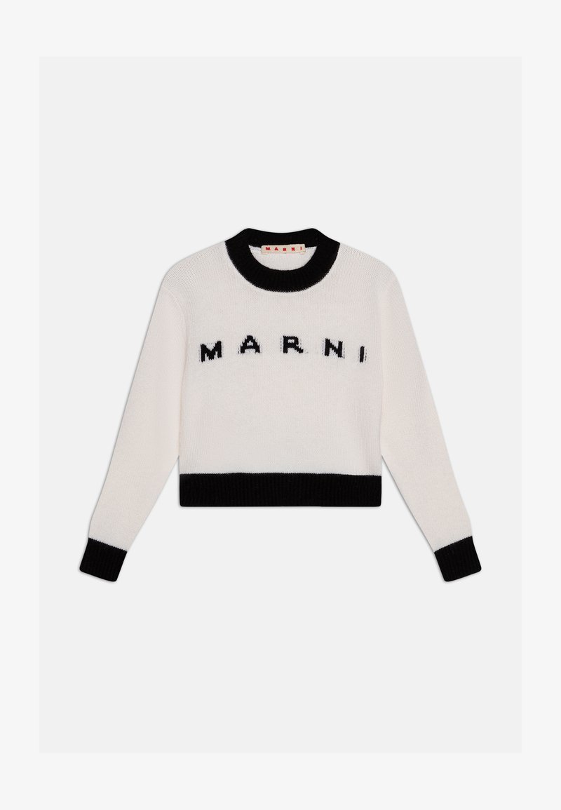 Weißer, gestrickter Pullover mit schwarzen Akzenten, runder Halsgestaltung und auffälligem "MARNI"-Schriftzug auf der Brust. Kurze Passform.