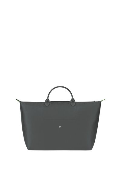 Large, dark grey tote bag made of durable fabric. Features rounded handles, a front pocket, and a contrasting green zipper pull.