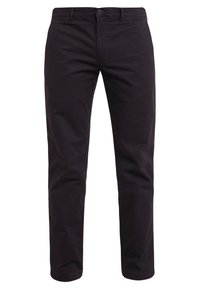 Ciemnofioletowe spodnie chino wykonane z bawełny, z zamkiem błyskawicznym i zapięciem na guzik, wyposażone w boczne i tylne kieszenie oraz gładką, miękką fakturę.