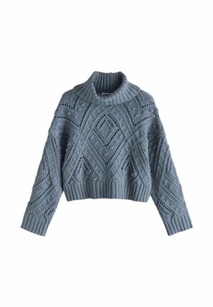 Kroketti pullover-neule vaaleansinisessä värissä, jossa on korkea kaulus, lyhyt mitoitus ja koko vaatteen kattava teksturoitu timanttikuvio.