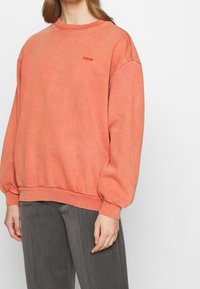 Sudadera color coral con un cuello redondo clásico, puños y dobladillo acanalados. Presenta un pequeño logo en el centro. Tejido suave con un corte relajado.