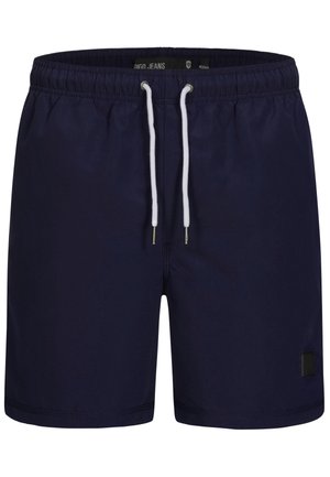 Shorts de baie de culoare albastru închis, fabricate dintr-un material ușor, având un brâu elastic cu un șnur alb și un mic patch cu logo-negru.