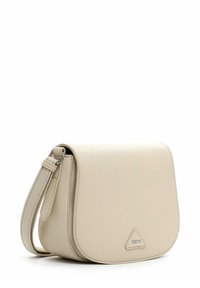 Beige textured leather crossbody bag with adjustable strap and small triangular logo patch on front flap.