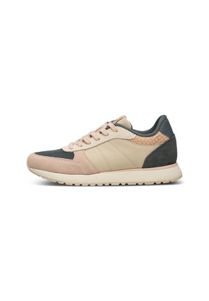 Sneakers featuring a mix of beige, pink, and dark green materials, including smooth and textured patterns, with a rubber sole and laces.