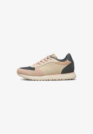 Sneakers featuring a mix of beige, pink, and dark green materials, including smooth and textured patterns, with a rubber sole and laces.