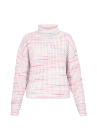 Maglione a collo alto lavorato a maglia con un motivo a righe orizzontali rosa e bianche, texture morbida e vestibilità comoda con spalle cadenti.