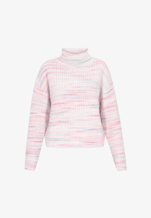 Kötött garbó pulóver rózsaszín és fehér vízszintes csíkos mintával, puha tapintással, laza szabással és ejtett vállakkal.