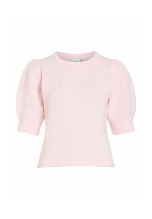 Pull en maille rose clair avec manches courtes bouffantes et poignets côtelés, encolure ronde et taille cintrée.