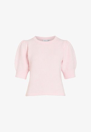 Šviesiai rožinis megztinis su trumpomis pūstomis rankovėmis ir ribotais rankogaliais, apvalia iškirpte ir siaurėjančia juosmens dalimi.