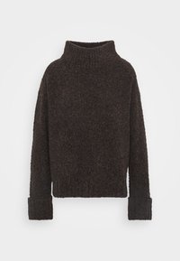 Dunkelbrauner Pullover mit hohem Kragen, langen Ärmeln und weiten Bündchen. Hergestellt aus strukturiertem, weichem Material mit einem gemütlichen Aussehen.